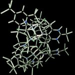 Trójwymiarowy model cząsteczki chemicznej zbudowany z prętów i węzłów przedstawiających wiązania atomowe na czarnym tle.